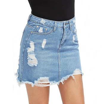 

2019 Summer New Women Blue Ripped Casual Mini Denim Skirt Bodycon Women Skirt Basic Pocket Jeans Skirt Mid Waist Skirt