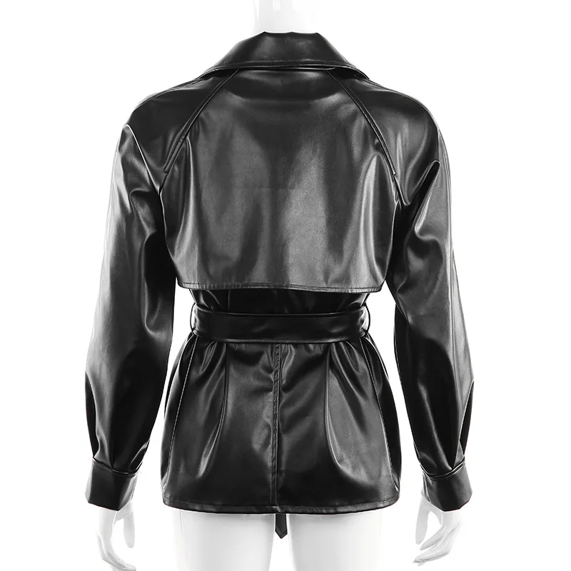 Gothic Black Trench Coat Women Fall Streetwear Faux Leather PU Jacket with Bandage Belt Ladies Fashion Motorcycle Jacket Outwear