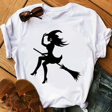  Camiseta De Moda De Verano Para Mujer, Camisetas Con Dibujo De Bruja De Halloween, Divertida Camiseta Informal Para Mujer 