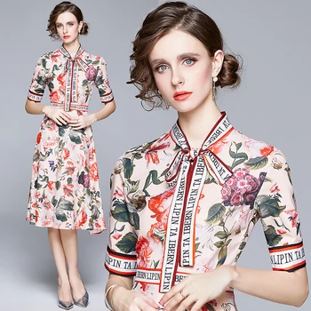 

Simgent Letters Print Dress Bow Tie Floral Casual Vintage Elegant Midi Blouse Dress Woman Clothing Vestidos Robe Femme SG0791