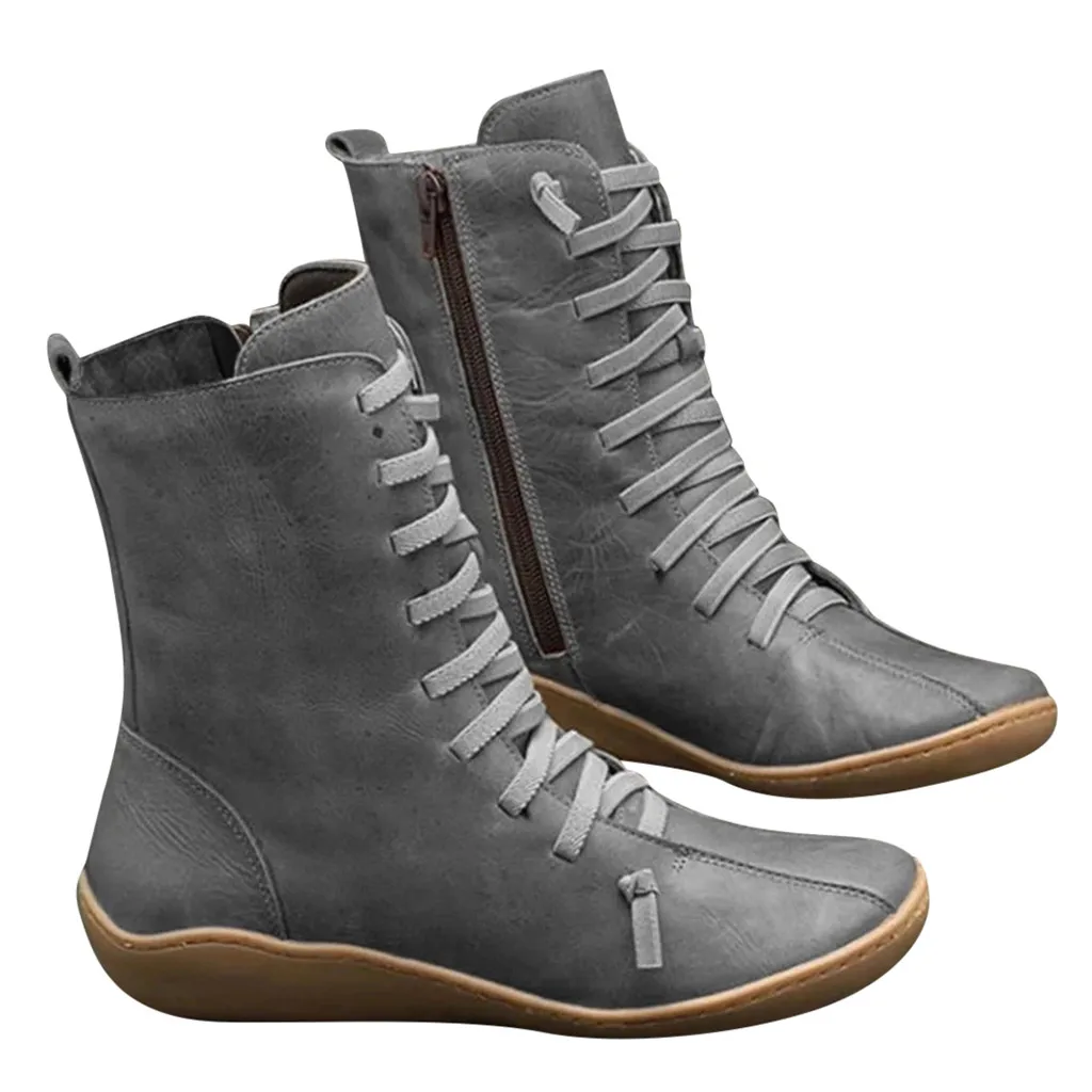 SAGACE/женские ботинки; Сезон Зима; модные кожаные ботинки в байкерском стиле; повседневные ботильоны в винтажном стиле; однотонная обувь на плоской подошве на молнии; короткие женские ботинки;#45 - Цвет: Gray