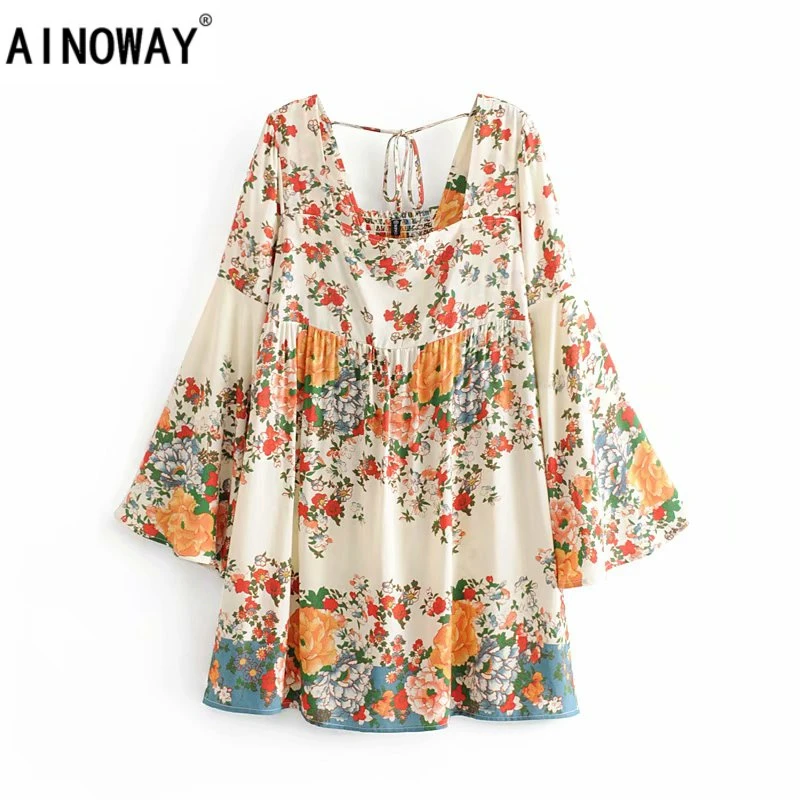Boho шикарные женские цветочные принты с коротким рукавом оборки пляжные богемные мини-платья женские свободные квадратный воротник вискозное платье