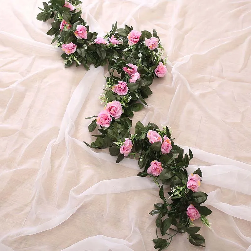 11 Heads Artificial Rose Flower Ivy Vine Fake Silk Roses With Green Leaves For Home Hanging Garland Wedding Decoration 2pc - Цвет: Purple