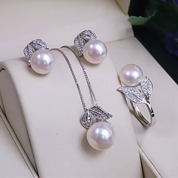 Pearl Earrings Necklace Pendant Ring For Women Natural Freshwater White Pearl Jewelry Set 925 Sterling Silver Jewelry Sets Gift