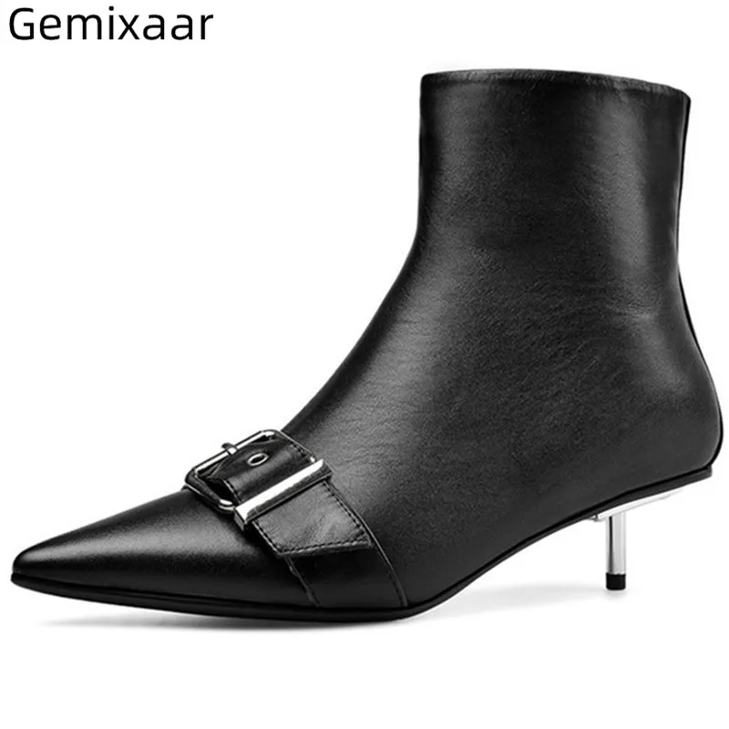 

Pumk Boots Women Point Toe Decor Metal Buckle Ankle Motorcycle Bottes 2019 Chic Pattern Med Thin Heel Real Leather Woman Boots