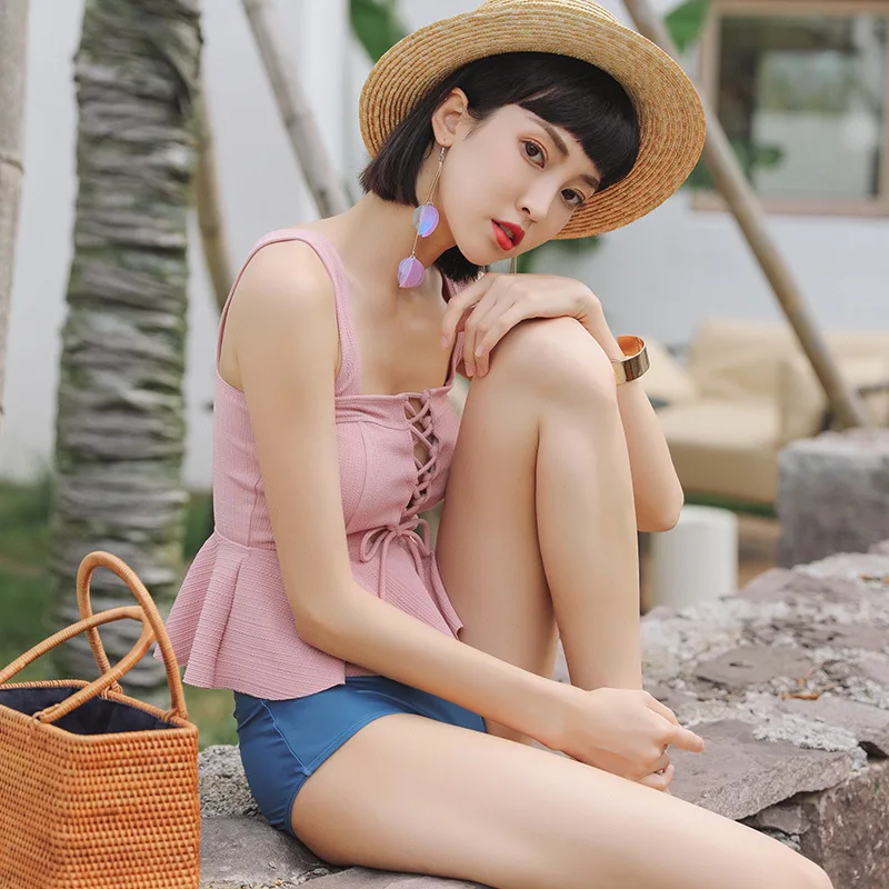 

New Style Bathing Suit Women's Split Type Two Piece Set Sleeveless Swimwear Flounced One-piece Chest Pad Hollow out Beach Hot Sp