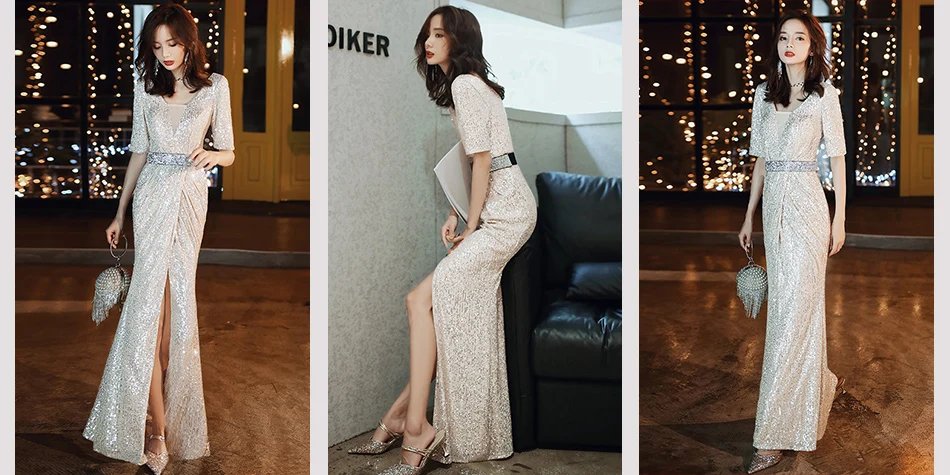 Это YiiYa Eveing платья длинного размера плюс Robe De Soiree K140 с v-образным вырезом и блестками элегантное официальное платье русалки для женщин