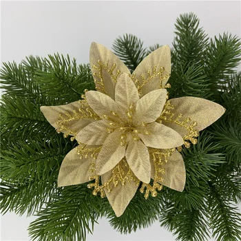

10Pcs Christmas 13cm Poinsettia Glitter Flower Tree Hanging Party Decorate Christmas Flowers 2020
