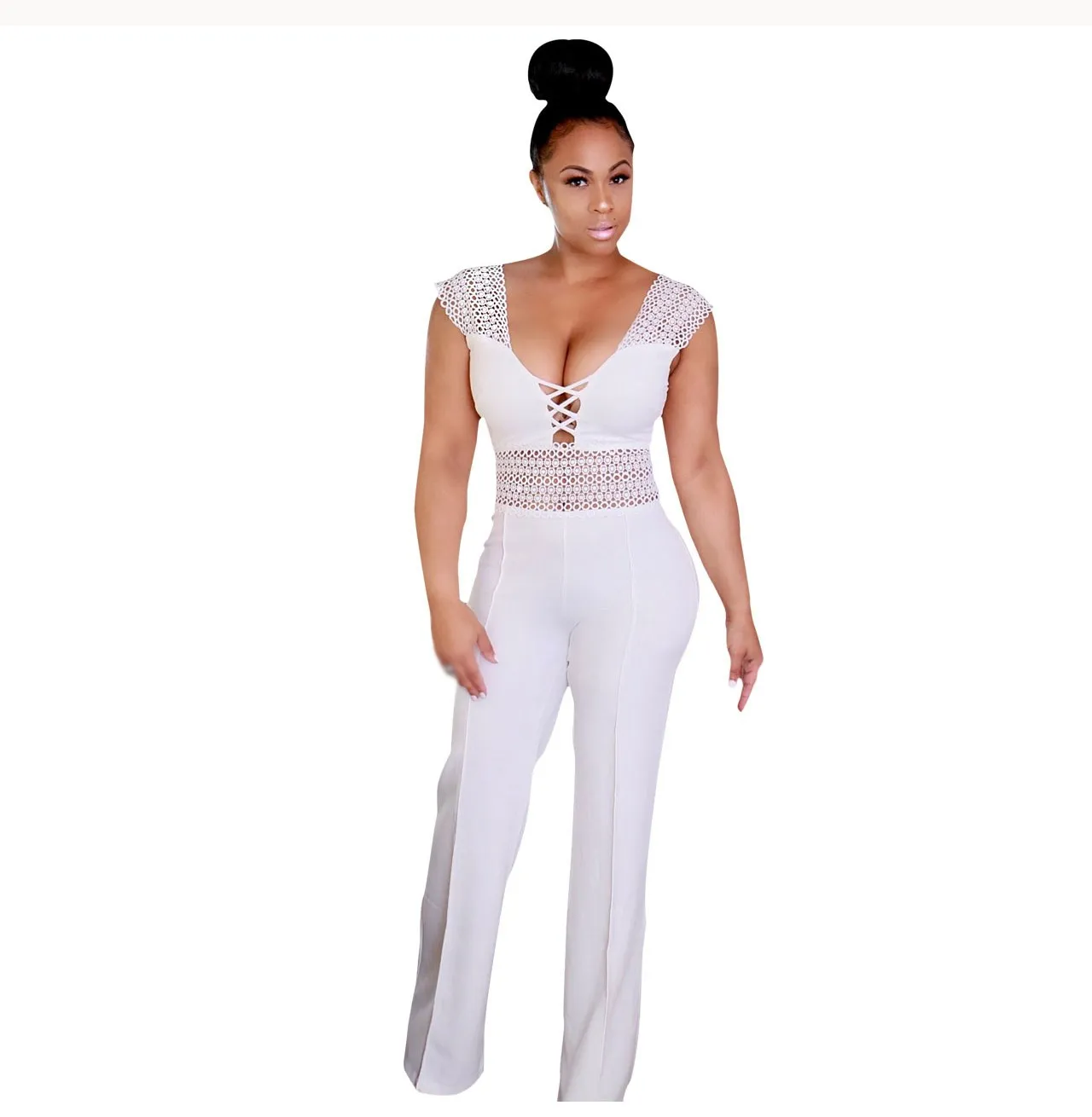

Sexy Lace Wide Leg Jumpsuit Women Sleeveless Hollow Out Patchwork Romper Elegant Slim Party Overalls