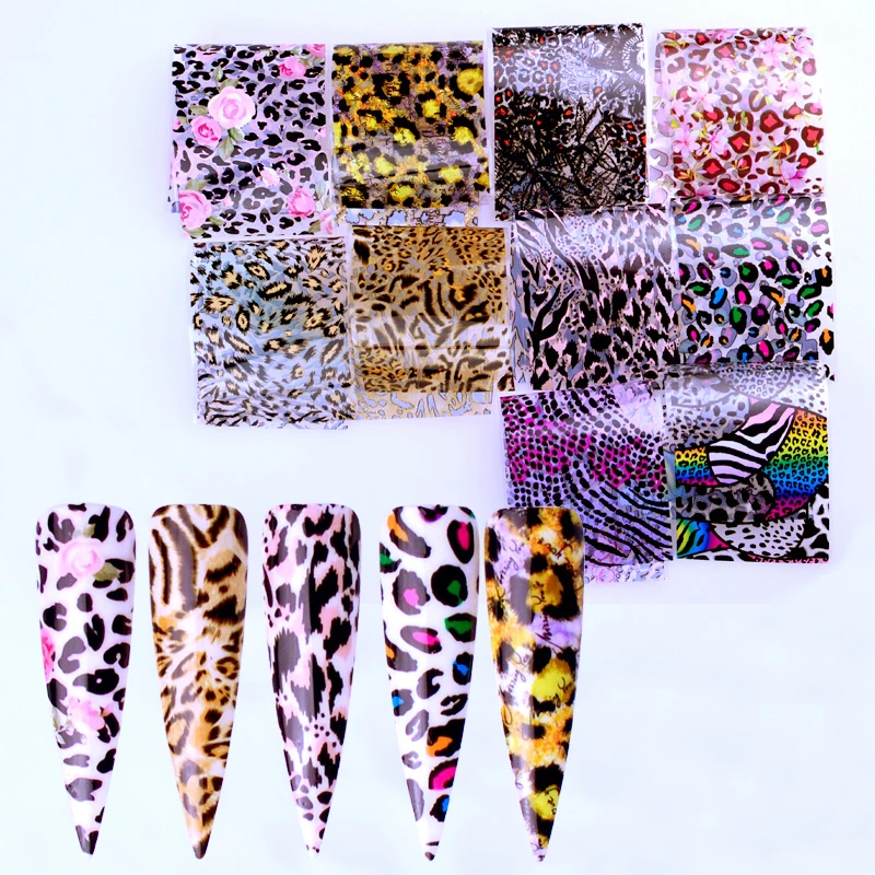 10 шт смешанные леопардовые Переводные украшения из фольги для дизайна ногтей, накладные наклейки для ногтей, рождественские наклейки для самостоятельного маникюра, аксессуары для ногтей