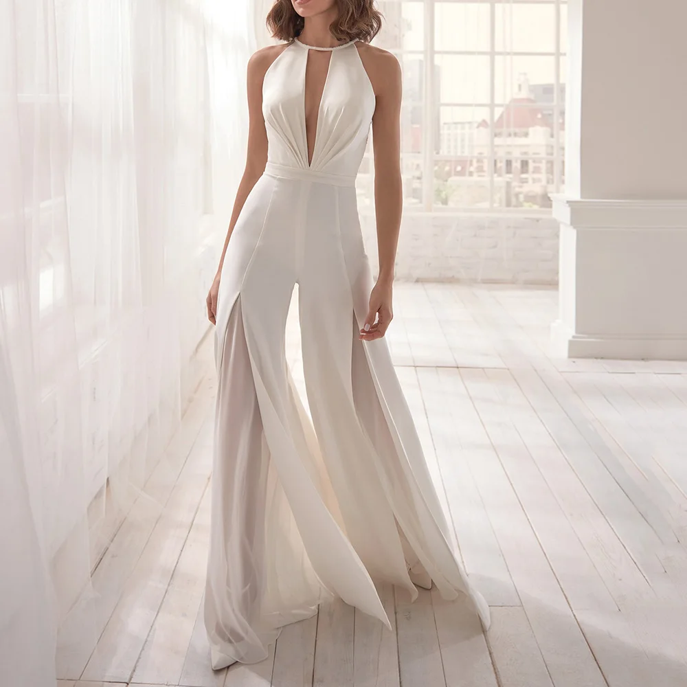 

Elegant Party Clothes Jumpsuit Chiffon White Backless Split Thin Deep V Fashion Sweet Sexy Romper Ladies Party Night For Women