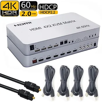

4 Port USB HDMI KVM Matrix 4X2 dual monitor 4K@60Hz HDR Switch Splitter 4 in 2 out HDMI 2.0 Switcher Support Keyboard Mouse