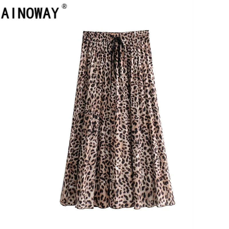 Разноцветная Офисная Женская юбка, винтажная шикарная Женская юбка с леопардовым принтом, Сексуальная плиссированная юбка миди с завязками на талии, jupe femme