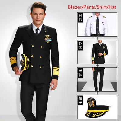 And with Hat Мужские Роскошные комплекты униформы Admiral для мужчин s модный бренд капитан костюм набор мужской морской корабль моряцкий костюм сценический костюм - Цвет: And with Hat