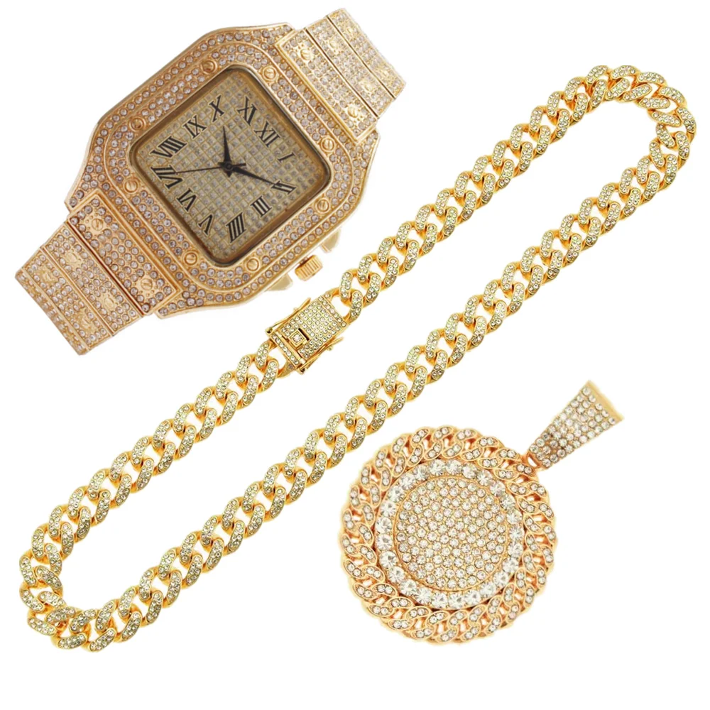 2pcs Iced Out Watches Necklace Pandents Rhinestone 13MM Miami Cuban Chains Bling Rapper Luxury Gold Wristwatch Men Jewelry Set iced out full rhinestones miami curb cuban chain necklace gold paved cz bling necklaces for men hip hop jewelry