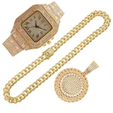 

2pcs Iced Out Watches Necklace Pandents Rhinestone 13MM Miami Cuban Chains CZ Bling Rapper Luxury Gold Watch for Men Jewelry Set