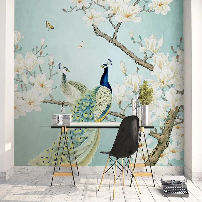 

Dropship Custom Mural Wallpaper 3D Chinese Style Peacock Magnolia Flowers Bird Wall Painting Study Background Wall Decor 3 D