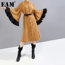 [EAM] женское Плиссированное Платье-рубашка большого размера цвета хаки с разрезом, новинка, с отворотом, с длинным Расклешенным рукавом, свободный крой, мода весна-осень 19A-a152