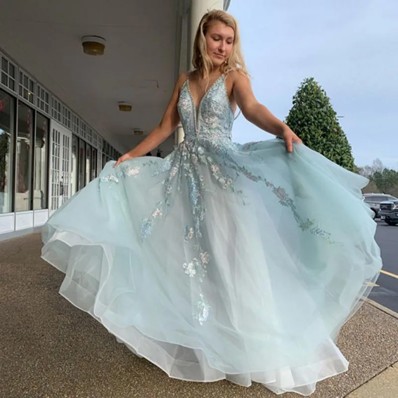 Vestidos de gala светильник голубое платье для выпускного вечера с бисером аппликации тюль кристаллы вечернее платье сексуальное ТРАПЕЦИЕВИДНОЕ выпускное платье