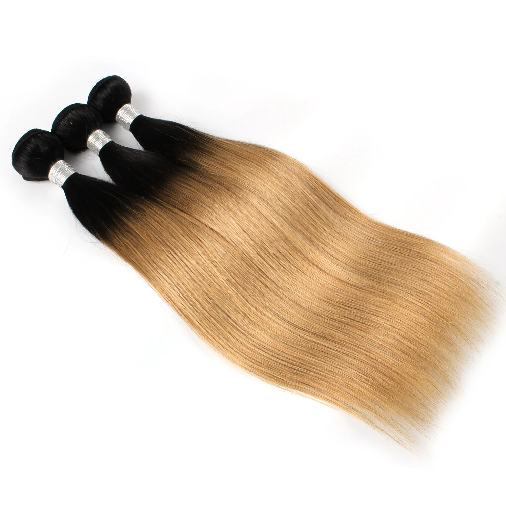 Kisshair T1B27 straight hair bundles 2 tone ombre honey blonde hair with dark roots pre-colored Brazilian human extension