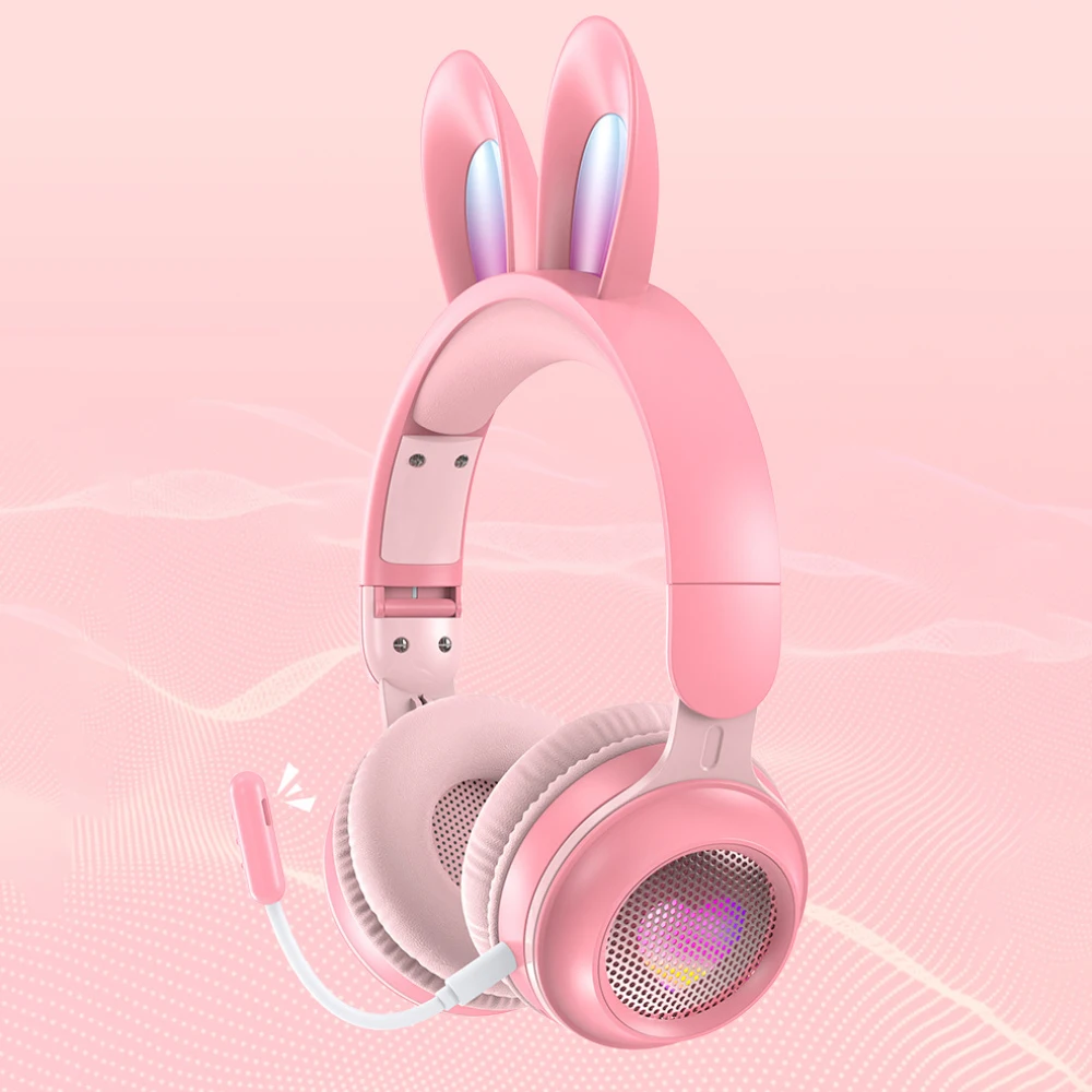 

Беспроводные наушники с микрофоном милые кролики RGB светодиодные стерео музыкальные наушники, Детская игровая гарнитура для телефона