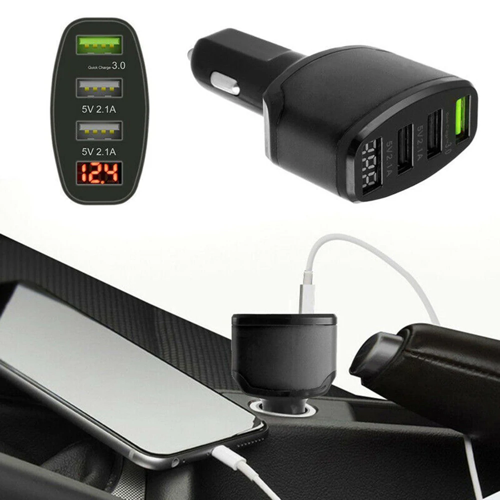 Мини-устройство для автомобиля с двумя портами USB Зарядное устройство 3-Порты и разъёмы Переходник USB для зарядки в машине светодиодный Дисплей QC 3,0 быстрой зарядки 12-24V Универсальный
