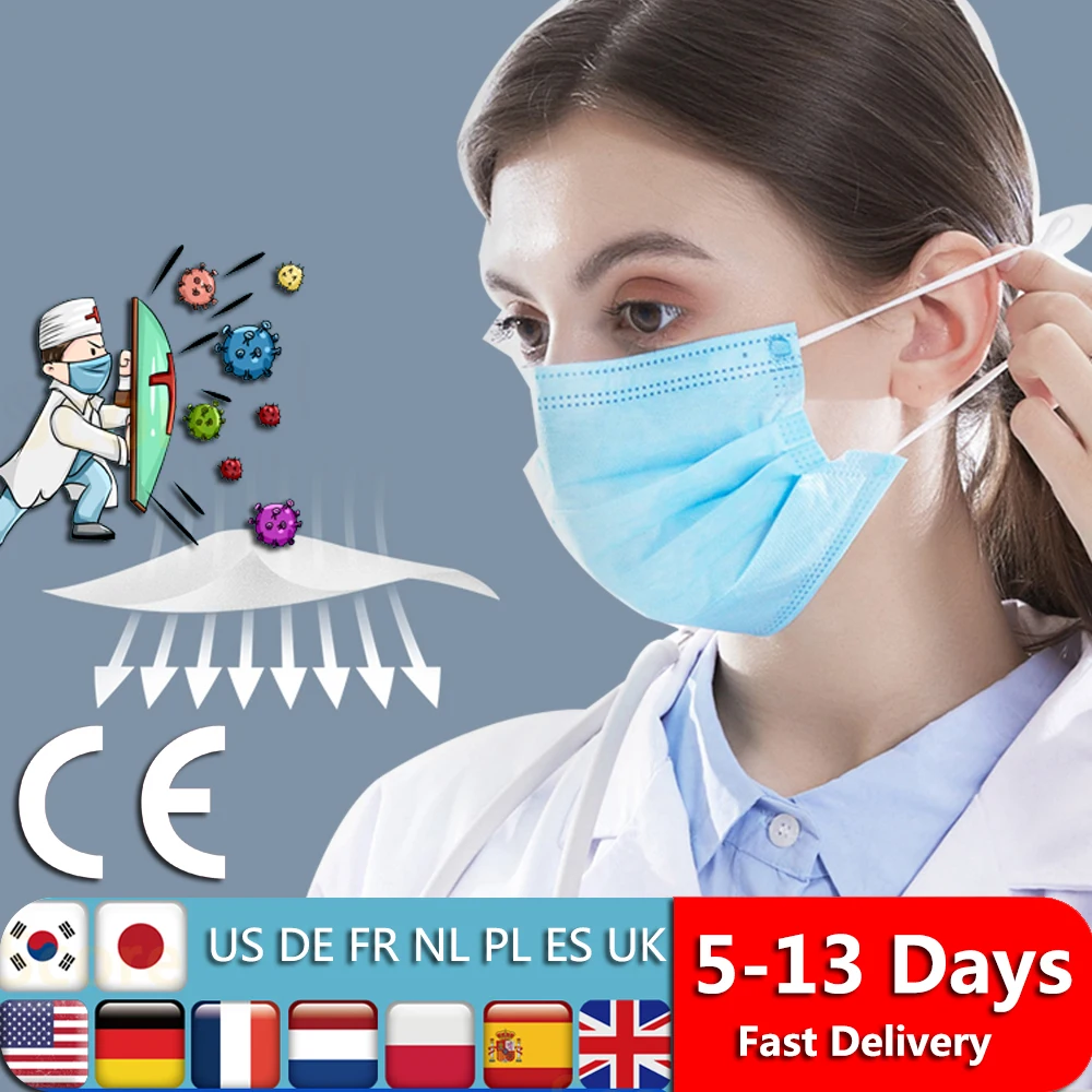 

50pcs Fast delivery 3-layer mask Face Mouth Masks Non Woven Disposable Anti-Dust Meltblown cloth Masks Earloops Masks