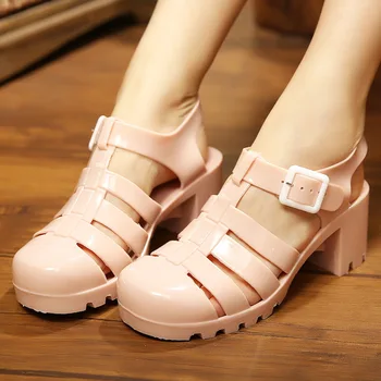 

Women Sandals Women'S Summer Plastic High Heel Transparent Crystal Gel Female Shoes Baotou Beach Retro Mary Jane Shoes