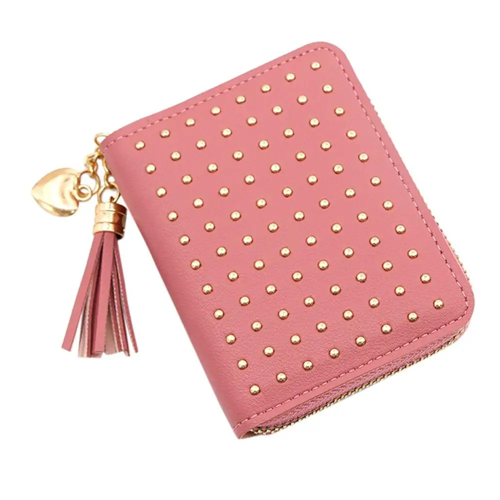 Hot Pink Для женщин короткий бумажник с кисточками и заклепками; темной кожи держатель для карт, модный тренд, женские сандалии Цвет Сумочка-клатч, с отделением для монет, кошелек - Цвет: Hot Pink