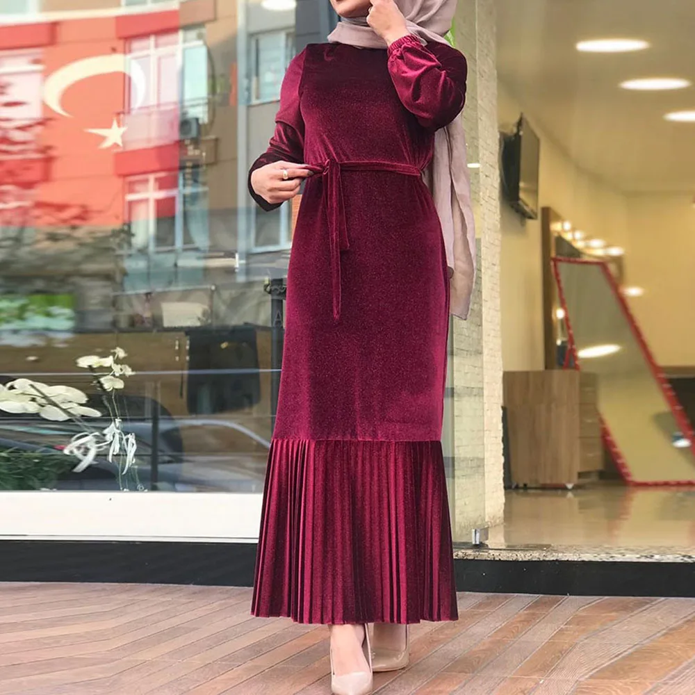 wine red dress Женская плиссированная бархатная абайя кафтан Дубайский хиджаб мусульманское платье турецкие платья абайя s кафтан Пакистан Саудовская Турция Исламская одежда - Цвет: wine red dress
