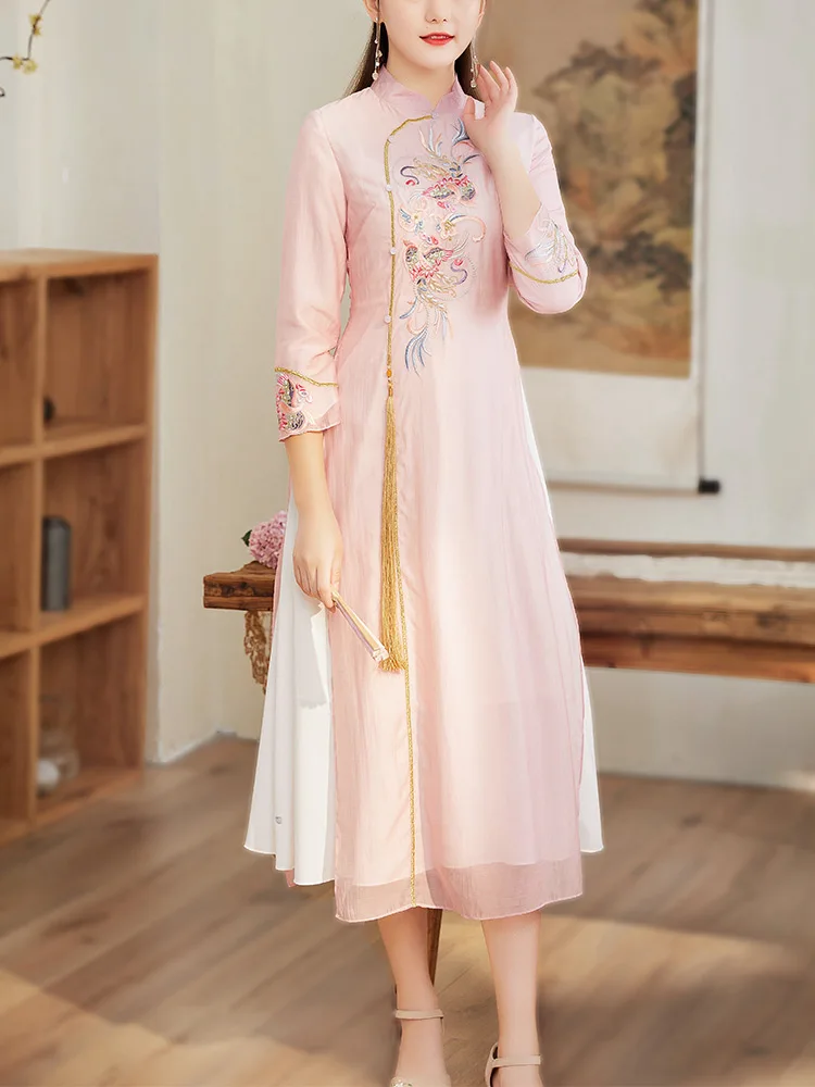 Chinese Style Women Tassels Qipao Dress Spring Summer Royal Embroidery Vintage Elegant Slim Lady Luxurious Cheongsam S-XXL