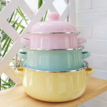

Candy color porcelain enamel soup pot stewpot small hot pot three piece set thickened breakfast milk rice pan with cover 16-20cm