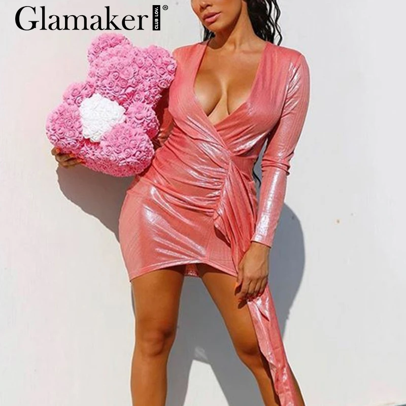 

Glamaker Pink v neck bodycon mini dress Long sleeve one piece sexy dress Female autumn winter elegant party club night dress