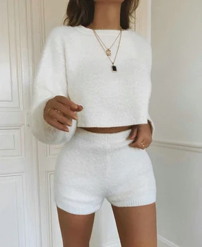 

Spring Autumn Casual Solid Color Long Sleeve Short Women Two Piece Outfits 2019 Fashion O-Neck White Women Tracksuit