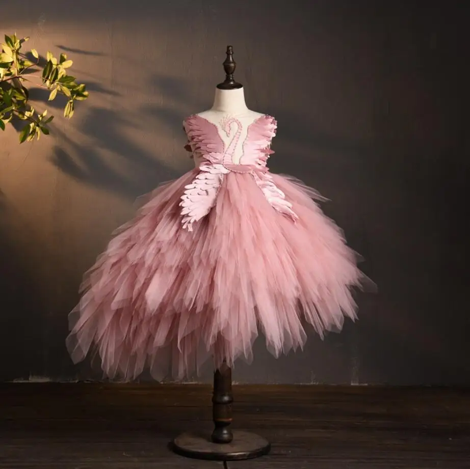 Платья принцессы для девочек вечерние платья в виде цветка для девочек с изображением лебедя с украшением в виде кристаллов с фатиновой юбкой одежда для свадьбы бальное платье на Рождество для детей, праздничное платье для первого причастия