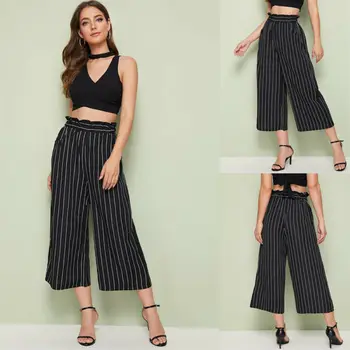 

2019 New Fashion Summer Casual Women Lady Palazzo Striped Plain Flared Wide Leg Pants leggings Baggy Trousers Nine Pants