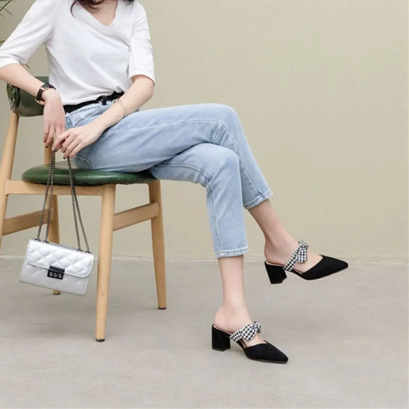 

Korean version of the new summer thick heel pointed toe sandals with bow tie tie banquet high-heeled shoes nightclub sexy women'