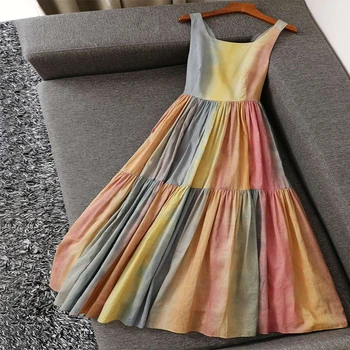 

Bohemian Summer Women Multicolor Sexy Open Back Dress Designer Fashion Cotton Pleated High Waist Square Collar Dress