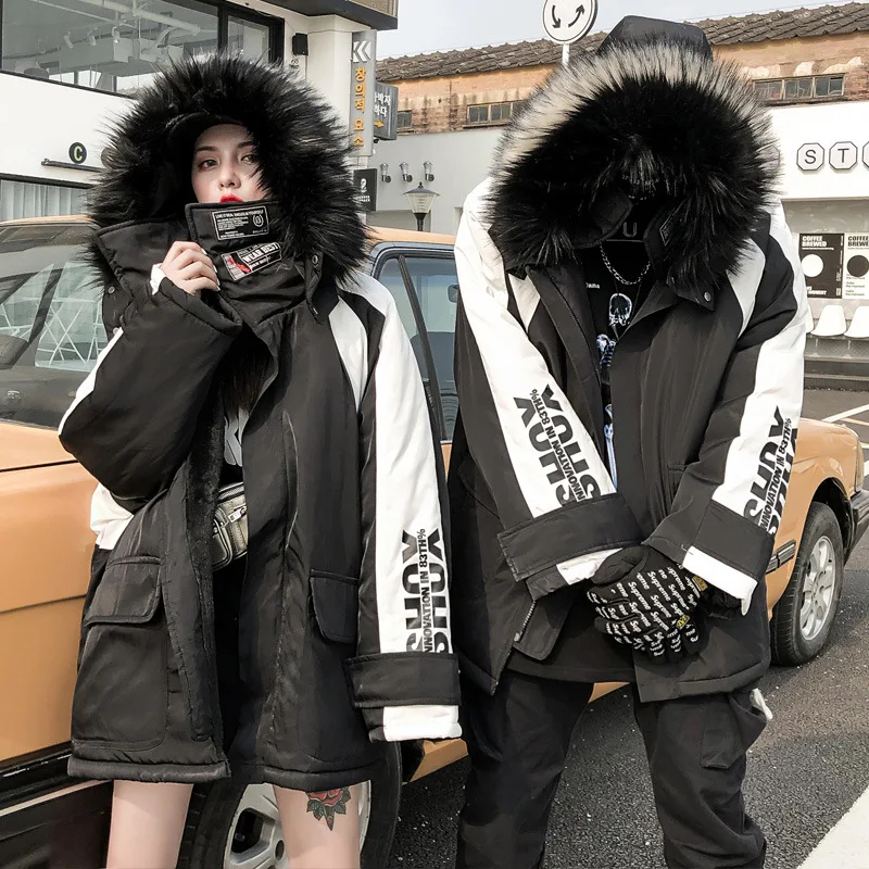 

Photo Shoot 2019 Winter Country Popular Brand Black And White Mixed Colors Cotton Coat Men And Women Couples Fur Collar Mountain