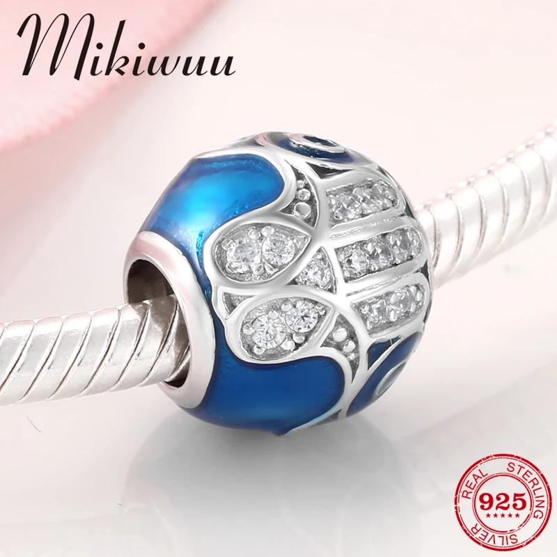 

925 Silver Good Luck Hand Of Fatima CZ Charms Blue Enamel Beads Fit Original Pandora Bracelet Bangles Jewelry making