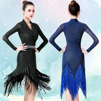 

Female Latin Dance Dress Sexy V-Neck Slim Tassel Long Sleeve Practice Clothes Woman Ballroom Charleston Dress Dancewear DWY3220