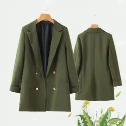 Осень 2019 блейзер с вырезом женские двубортные пальто с двойными карманами Женские повседневные зеленые зимние блейзеры с длинными