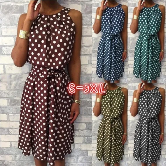 

Popular European and American Polka pointless open shoulder crew neck casual dress in summer 2020