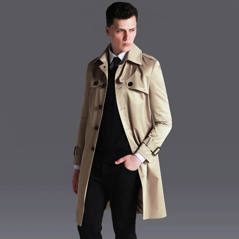Men Long Trench Coat Autumn Spring Singlebreasted Windproof Slim Fit Work Business Belted