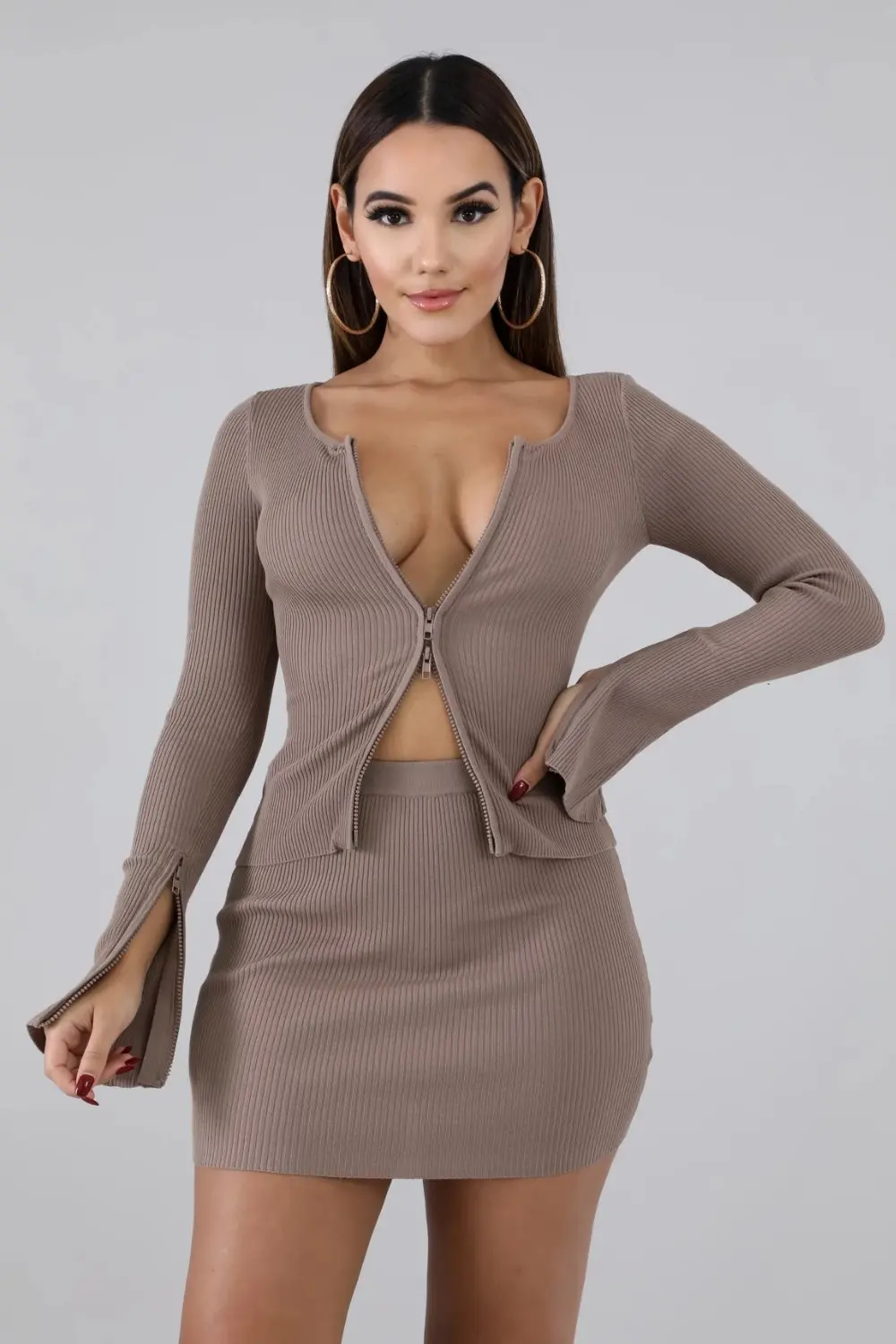 KGFIGU Kylie jenner ribbed tops and skirts sets Summer two pieces sets sexy zipper full sleeve brown matching sets outfits