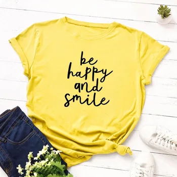 

Summer Women T Shirt S-5XL Plus Size Cotton Letters Be Happy and Smile Print Short Sleeve Tees Tops Casual O-Neck Female TShirt