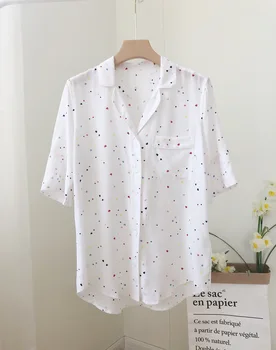 

Women Silk Blouse Shirt Hearts Print Suit Collar Short-sleeved Shirts Ladies Fresh Sweet Blouses Summer