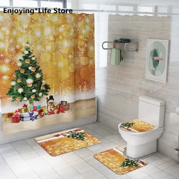 

Golden Christmas Tree Shower Curtain Floor Mat Four-piece Bathroom Mat Set Bath Room Mats