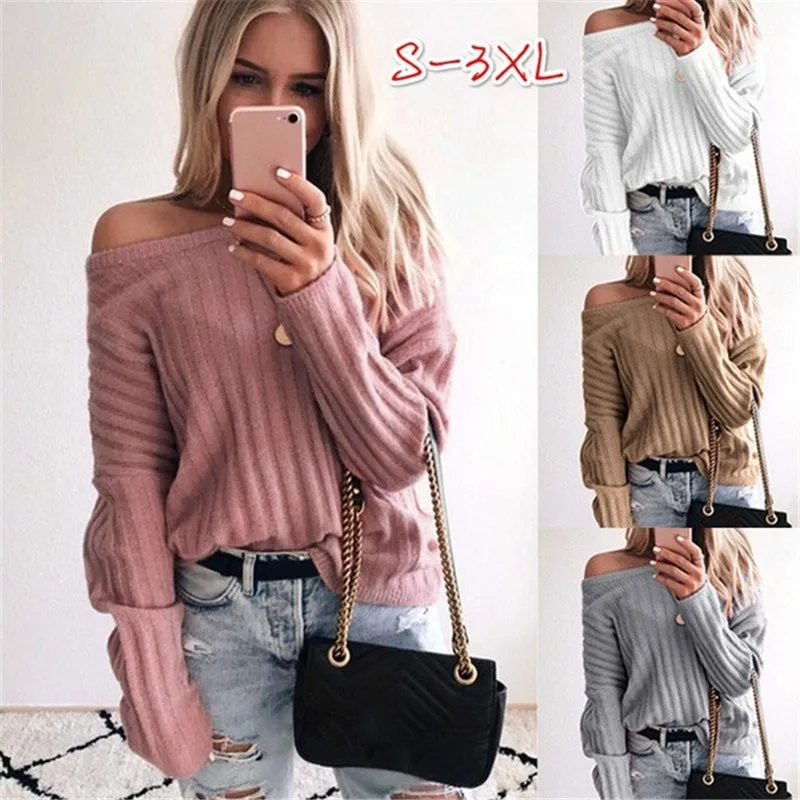 

Sexy One Shoulder Sweaters Top Women 2019 Spring Autumn Knitted Sweaters Lady Casual Solid Knitwear Pullovers Plus Size Clothes