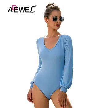 

ADEWEL Women Blue Black Slim Casual Bodysuit Female 2019 Autumn Long Sleeve V-Neck Elegant Romper Streetwear Bodycon Playsuit